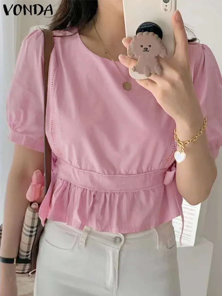 

Летние топы 2023 VONDA, женские сексуальные рубашки с круглым вырезом и коротким рукавом, женские блузки, мешковатые рубашки, мешковатые рубашки