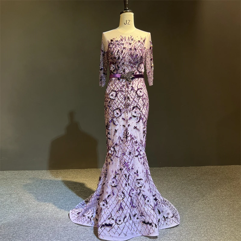 

100%Real Photos فساتين السهرة Purple Color Luxury Velvet Beads Half Sleeves Mermaid Formal Prom Party Dance Bridal Evening Dress