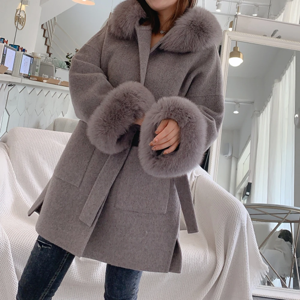 FURYOUME Women Real Fur Coat Winter Jacket Oversize Loose Cashmere Wool Blends Streetwear Natural Fox Fur Hood Outerwear Belt