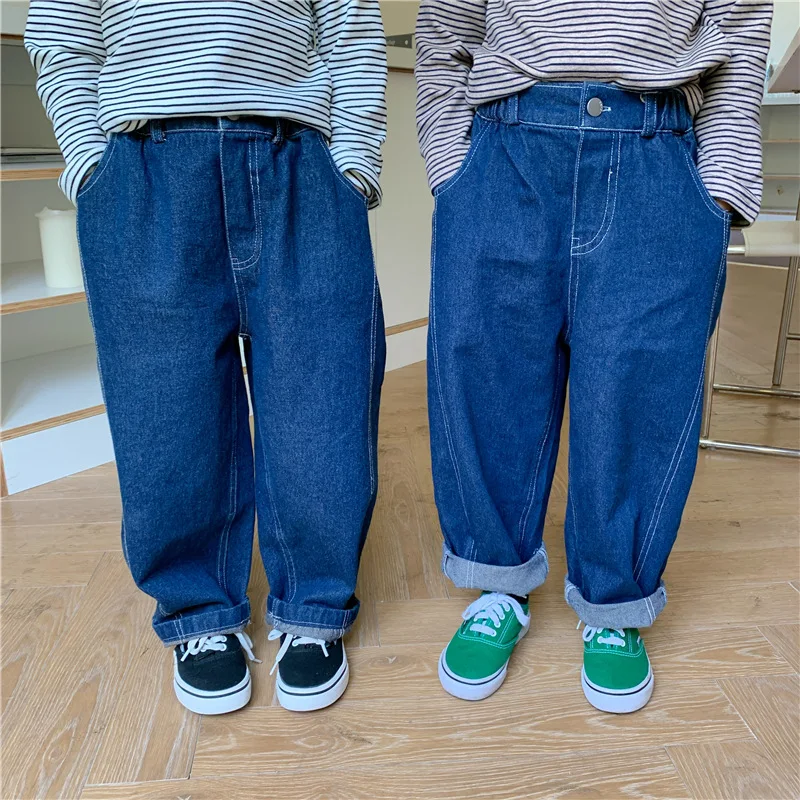 

2022 Autumn Unisex Kids Jeans Korean Style Open Line Boy Loose All-match Trousers Girls Casual Straight Denim Pant Elastic Waist