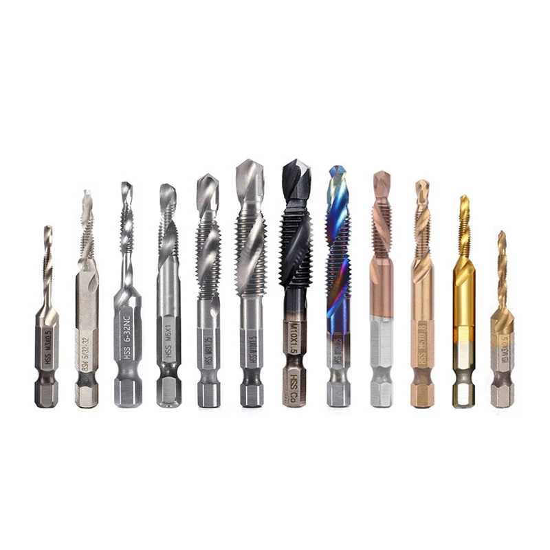 

Titanium Plated Hex Shank HSS Thread Metric Tap Drill Bit Screw Machine Compound M3 M4 M5 M6 M8 M10 Hand Tools