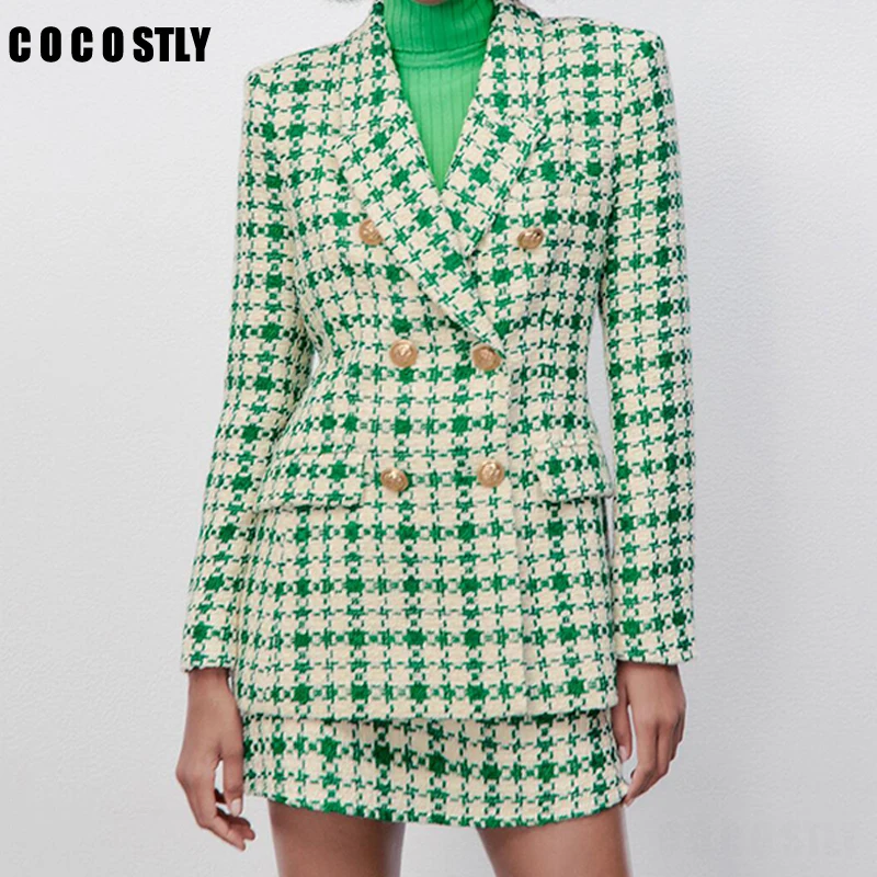

New 2022 Women Tweed Double Breasted Blazer Coat Vintage Long Sleeve Flap Pockets Tweed Jacket Female Outerwear Veste Femme