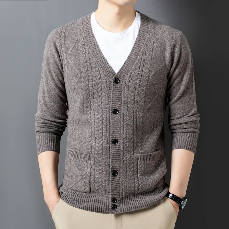 

Autumn Winter New Thick Sweater Thick Needle Jacquard Pure Wool Cardigan Men's Knitwear Young and Middle-Aged Knitted Cardigan