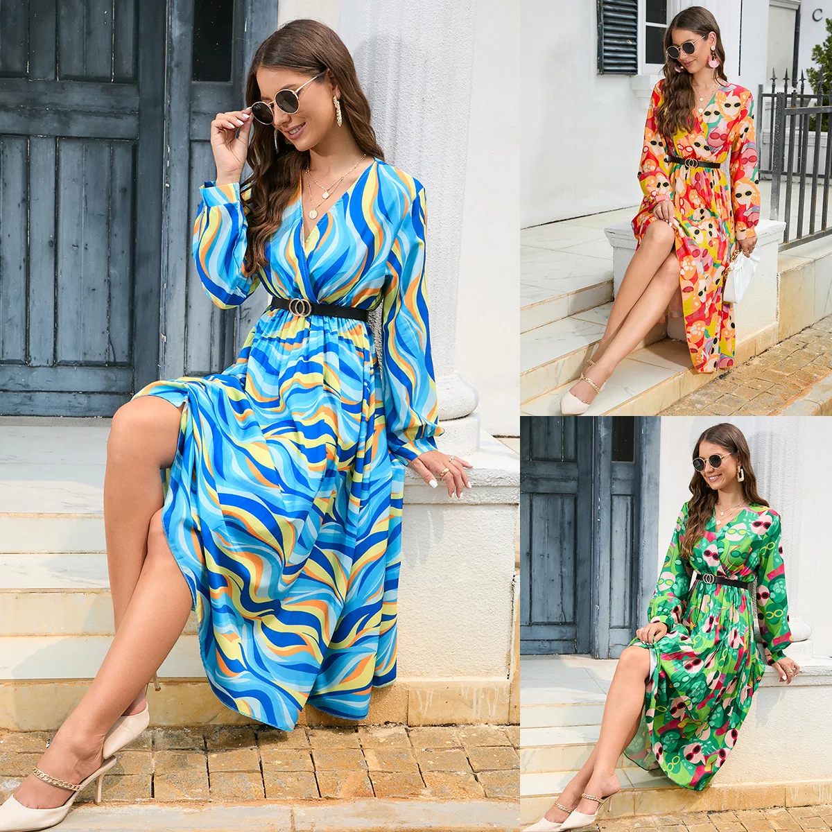 

Women's 2023 spring/summer printed V-neck pleated long sleeve dress