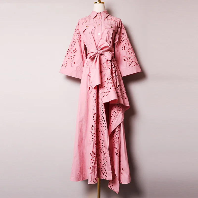 

SuperAen 2022 Autumn Hollow Out Embroidery Irregular Belt Turn-down Collar Mid-Calf A-LINE Casual Dress for Women