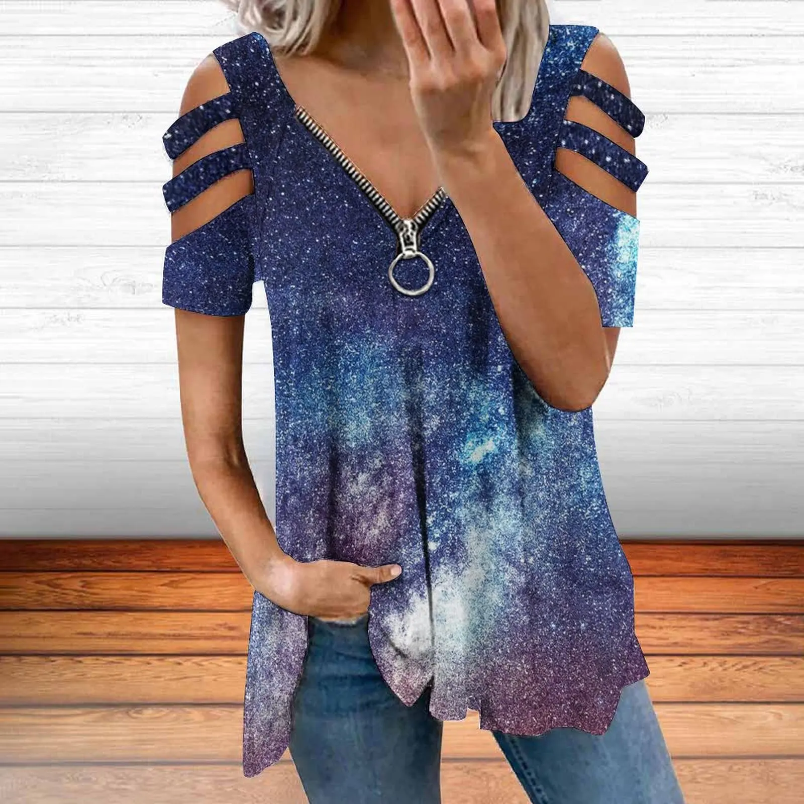 

New Women T-shirt V-neck zipper off-the-shoulder printed T-shirt Street wear fashion women T-shirt casual fashion women