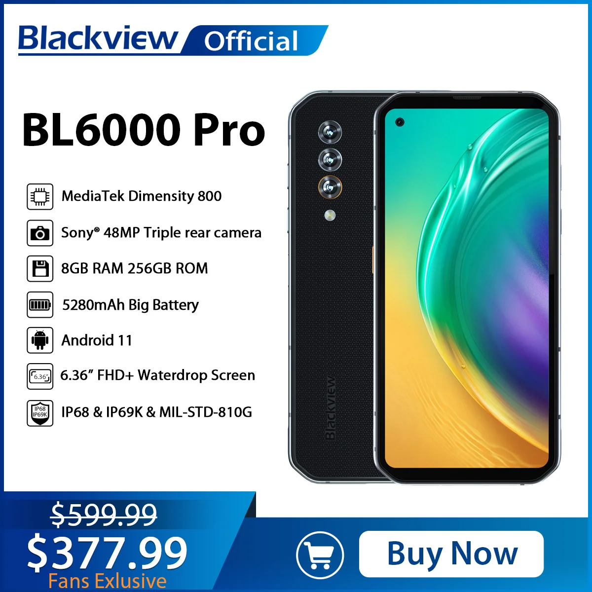 Blackview-Teléfono inteligente BL6000 Pro, smartphone de diseño global con triple cámara de 48 MP, resistente al agua IP68, 256GB + 8 GB, 5280mAh, Android 10, 5G