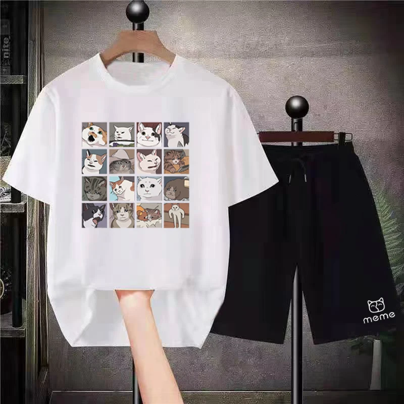 16 Meme Cats Men Tracksuit 2 Piece Set Summer Short Sleeve T-shirt Breathable Shorts Pure Cotton Sportswear Cute Cate Funny Top