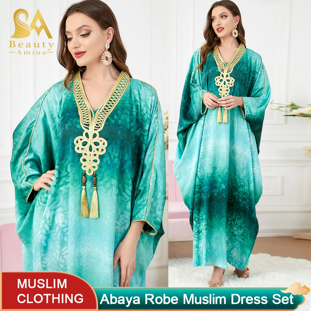2023 Muslim Women's Middle East Robes Stitching Abaya Robes Bat Sleeve Dress Ramadan Costume Suit Islamic Women's Clothes Set