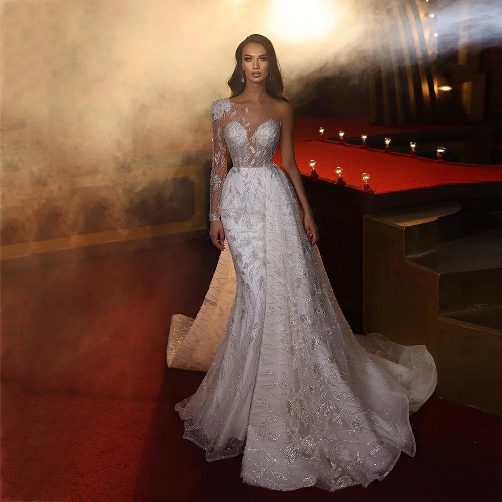 

RANMO 2023 Gorgeous Mermaid Wedding Dress With Detachable Train One Shoulder Lace Appliqued Long Bridal Gowns Robes De Mariée