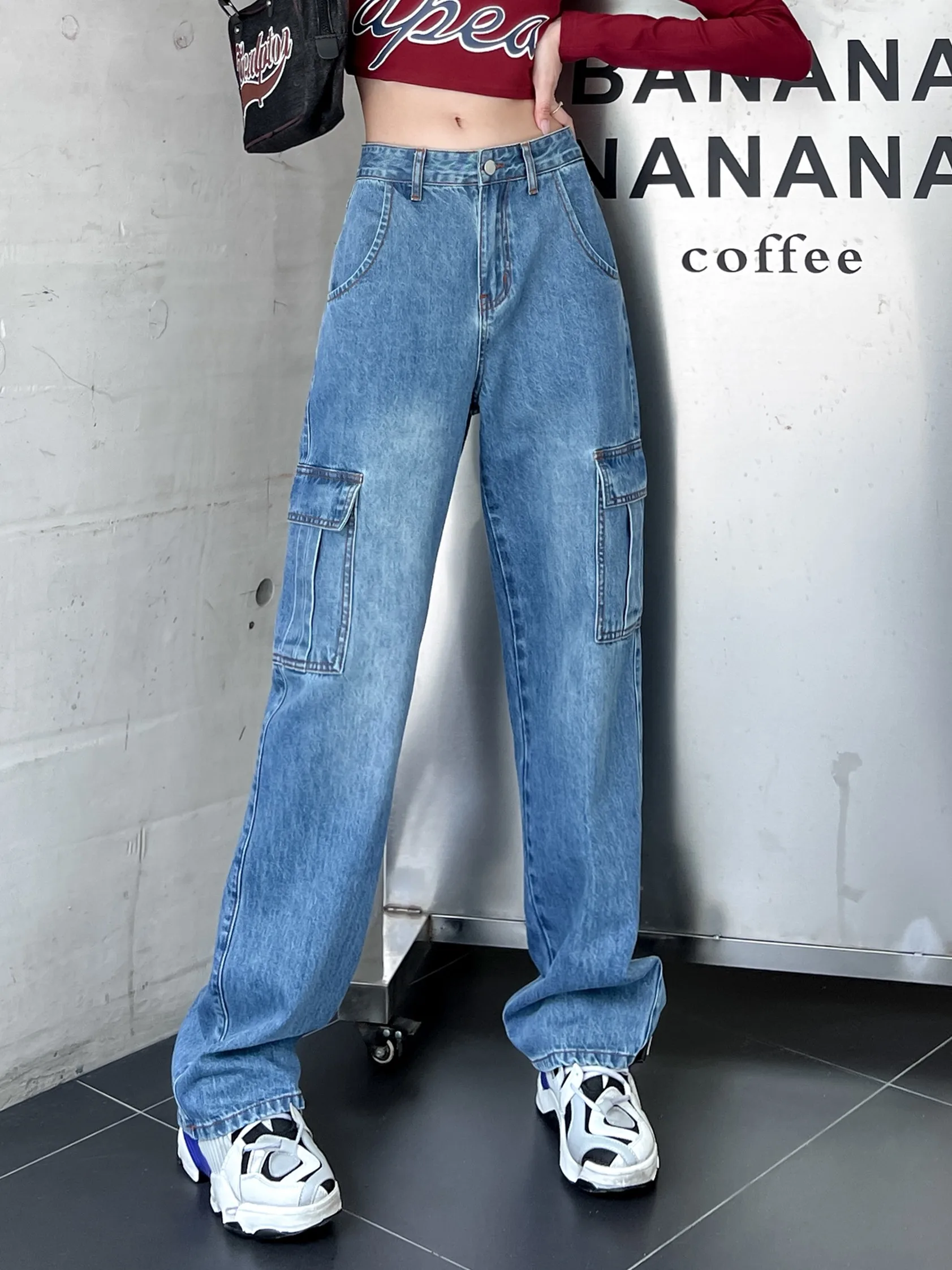 

ZHISILAO New Pocket Cargo Jeans Women Boyfriend Y2k Loose Casual Blue Wide Leg Full Length Denim Pants Streetwear 2023