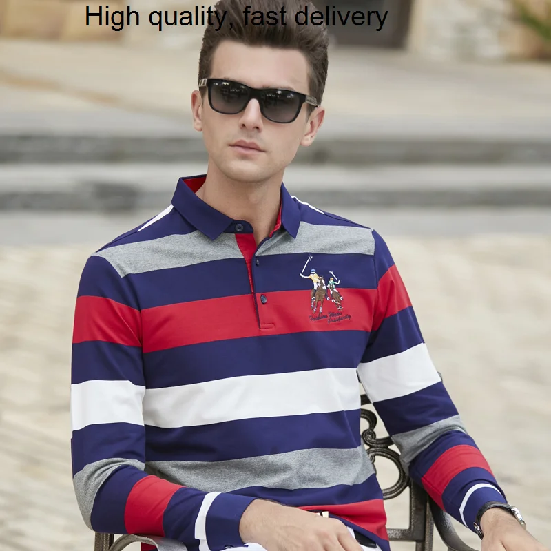 

Мужская рубашка-поло с длинным рукавом, в полоску