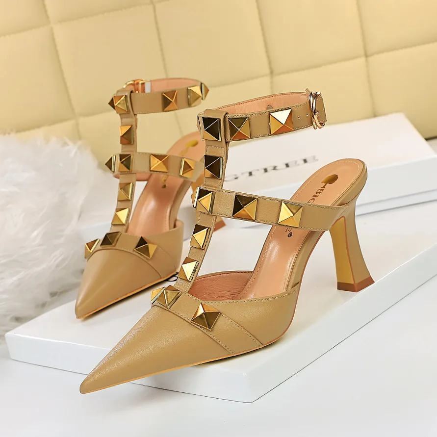 BIGTREE Shoes Roman Style High Heels Metal Rivets Kitten Heels Women Pumps Sexy Party Shoes Summer Woman Sandals Heels Shoes