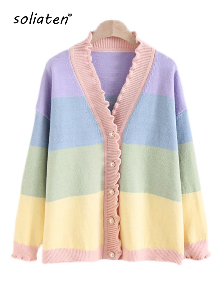 2022 Mori Girl Spring Autumn Women Sweater V Neck Striped Outerwear Cute Kawaii Loose Knitted Rainbow Cardigan C-152