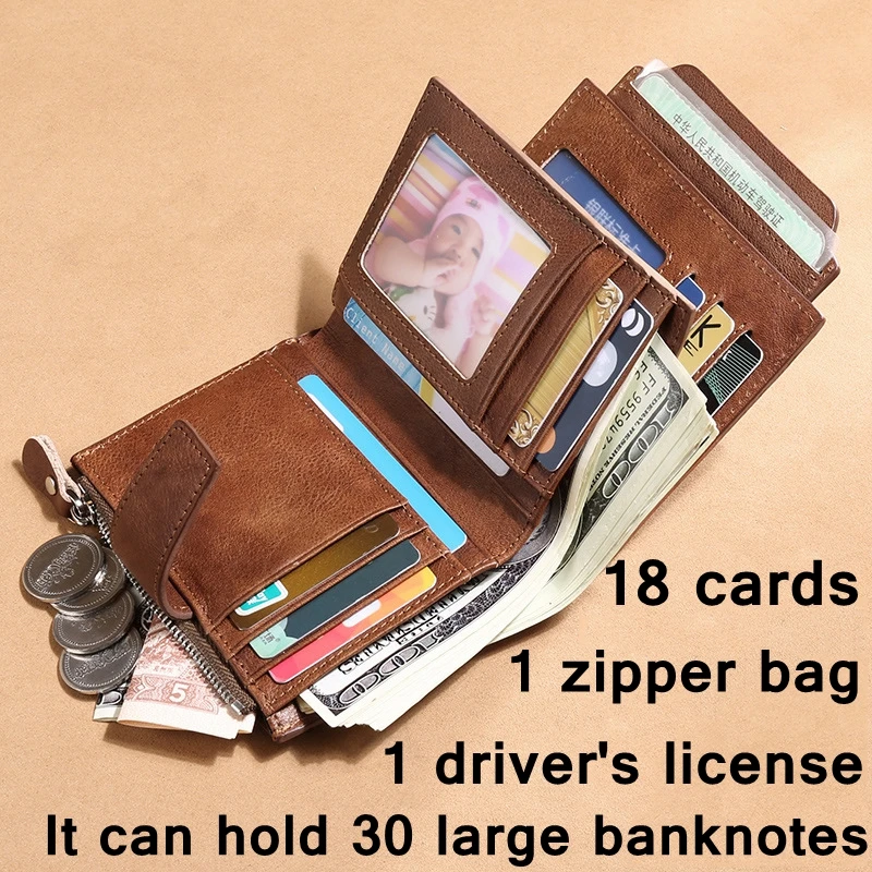 Men's Short Leather Wallet Full Head Classic Retro Brown Leather Multi Card Large Capacity Leisure Wallet Driver's License Walle