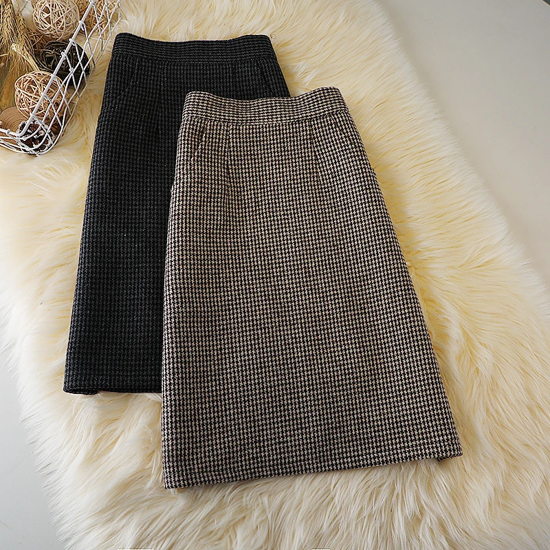 

Шерстяная Юбка А-силуэта, Женская осенне-зимняя стильная тонкая юбка с высокой талией в стиле ретро с карманами, юбка в стиле «гусиные лапки...