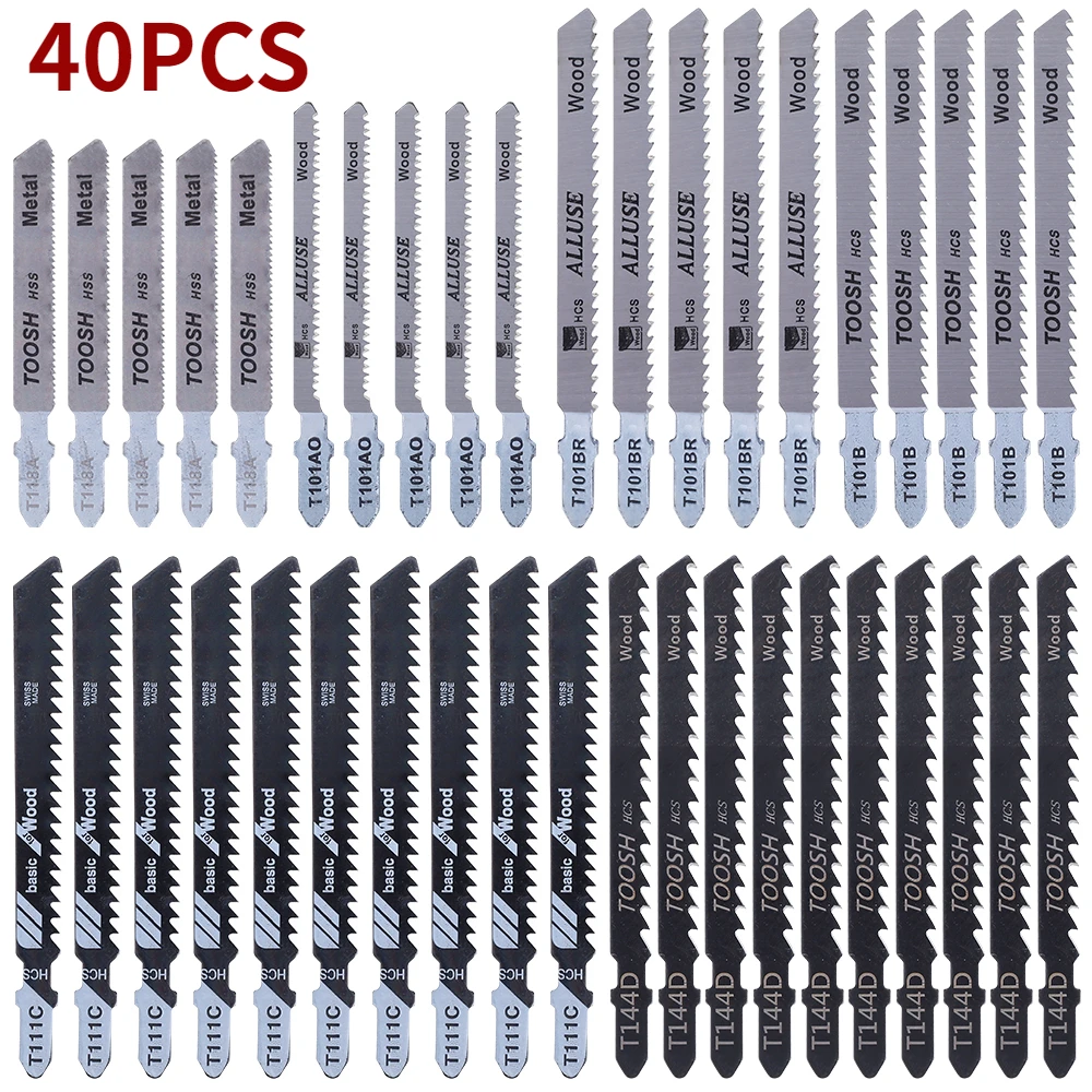 

40Pcs Universal Jig Saw Blade Set HCS T Shank Assorted Blades Fast Cut Down Jig Saw Knife Jig Saw Cutter Power Tool Accessories