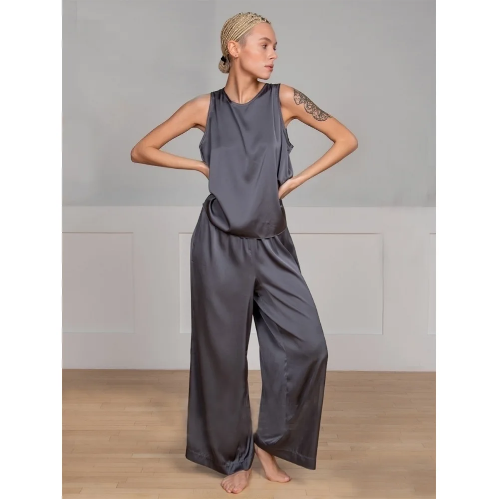 

Imitation silk pajama sets Summer back cross tank top+full pant sleepwear women suit 2023 Gray black deep blue loose clothes
