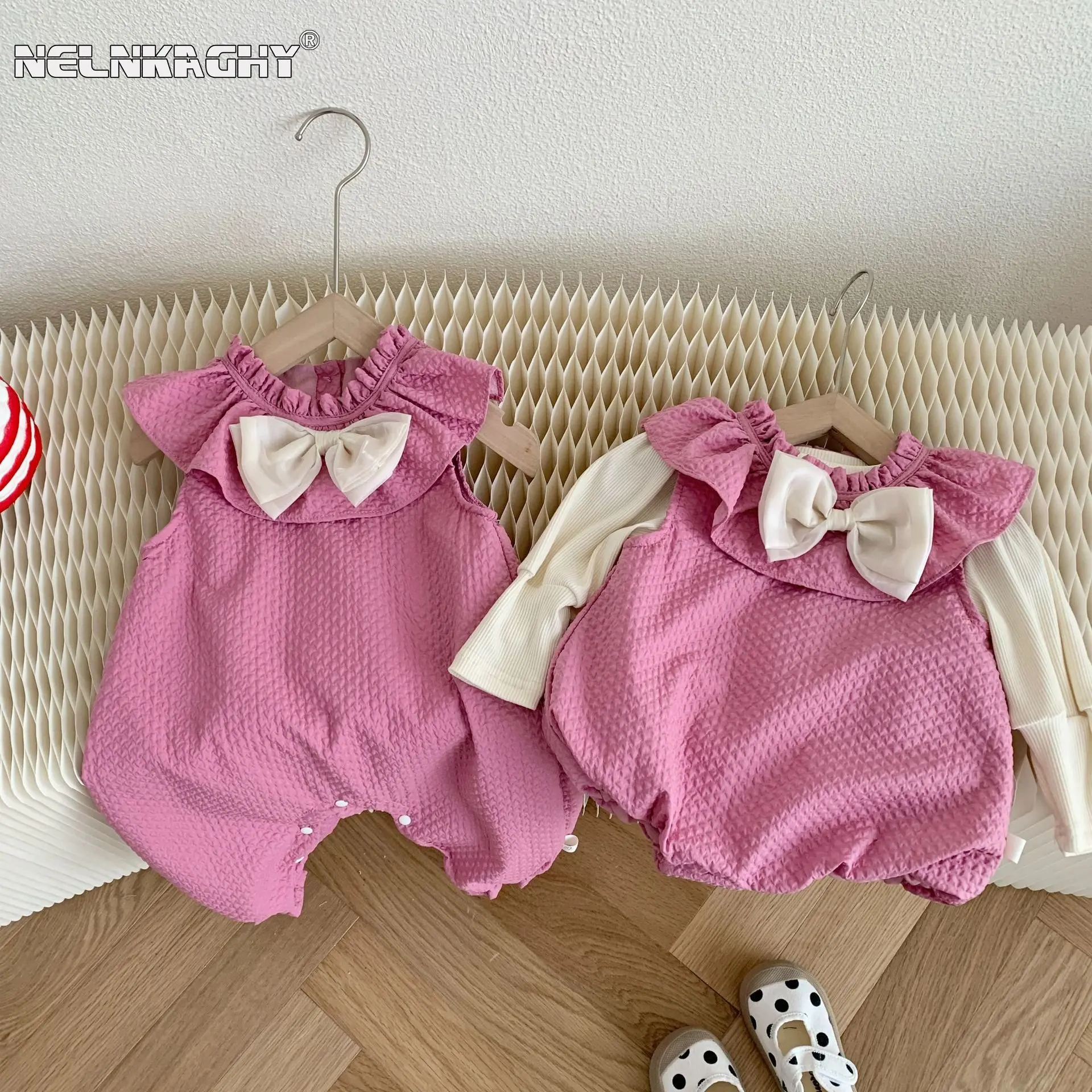 

Newborn Baby Girls Solid Color Top Shirts,Fly Sleeve Bow Crepe One-piece Bodysuits or Romper Infant Kids 95% Cotton Clothes