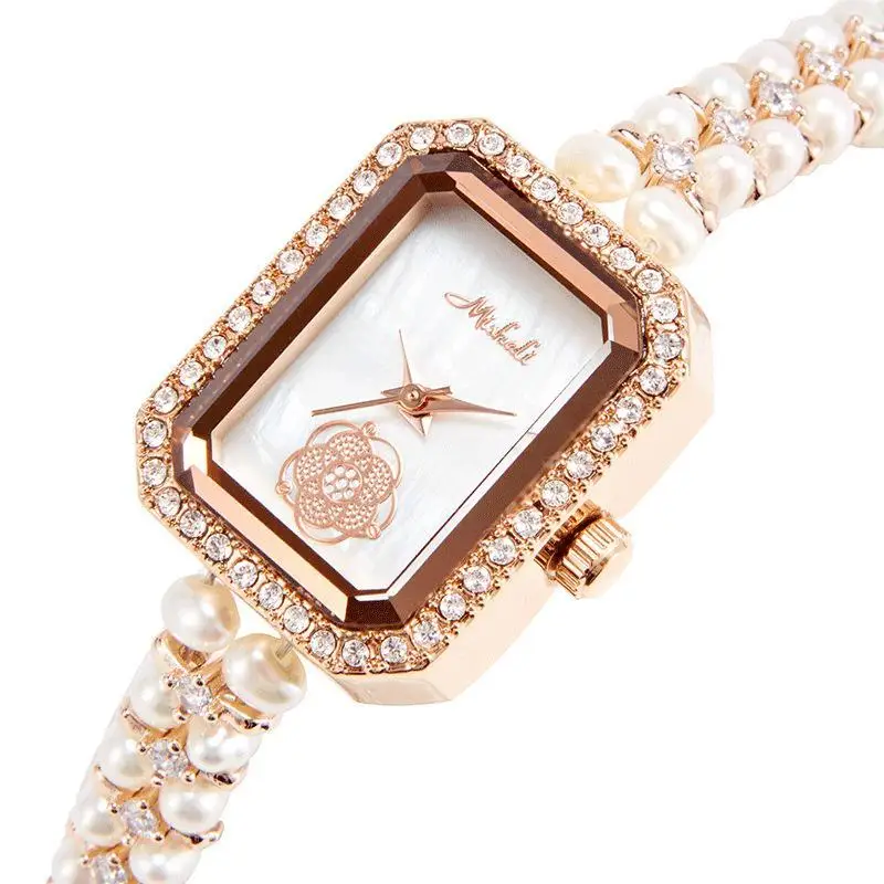 

Middle-aged Natural Pearl Bracelet Square Small Fragrance Watch Mother-of-pearl Pointer Small Dial Niche Camellia Watches for Wo