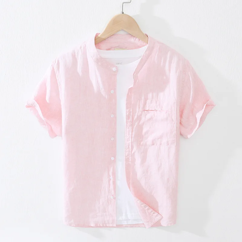 

2022 Men's Yarn-Dyed Fresh Linen Short-Sleeved Shirt Youth Stand Collar Casual Cotton and Linen Shirt