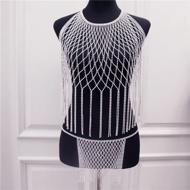 

Luxury Fashion Sexy Beach Body Jewelry Rhinestone Long Fringe Body Chain Bikini Dancing Chest Chain Short SkirtSetNightClubParty