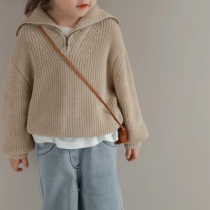 

Sweater Girls Zipper Large Lapel Wool Autumn New Children Cuasal Jacket Zipper Striped 2023 Hooded Korean Knitwear