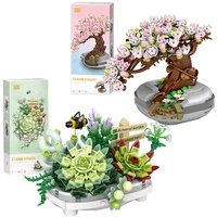 creative moc sakura cherry tree potted plants 3d model building blocks succulent home decoration mini bricks toys kid adult gift