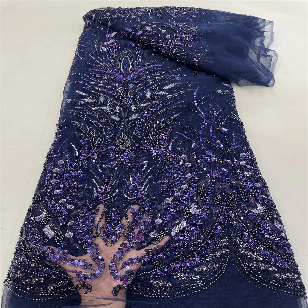 

Тюлевая сетка, африканская кружевная ткань, бисерное кружево, 2023, Высококачественная синяя нигерийская ткань с блестками для свадебного вечернего платья