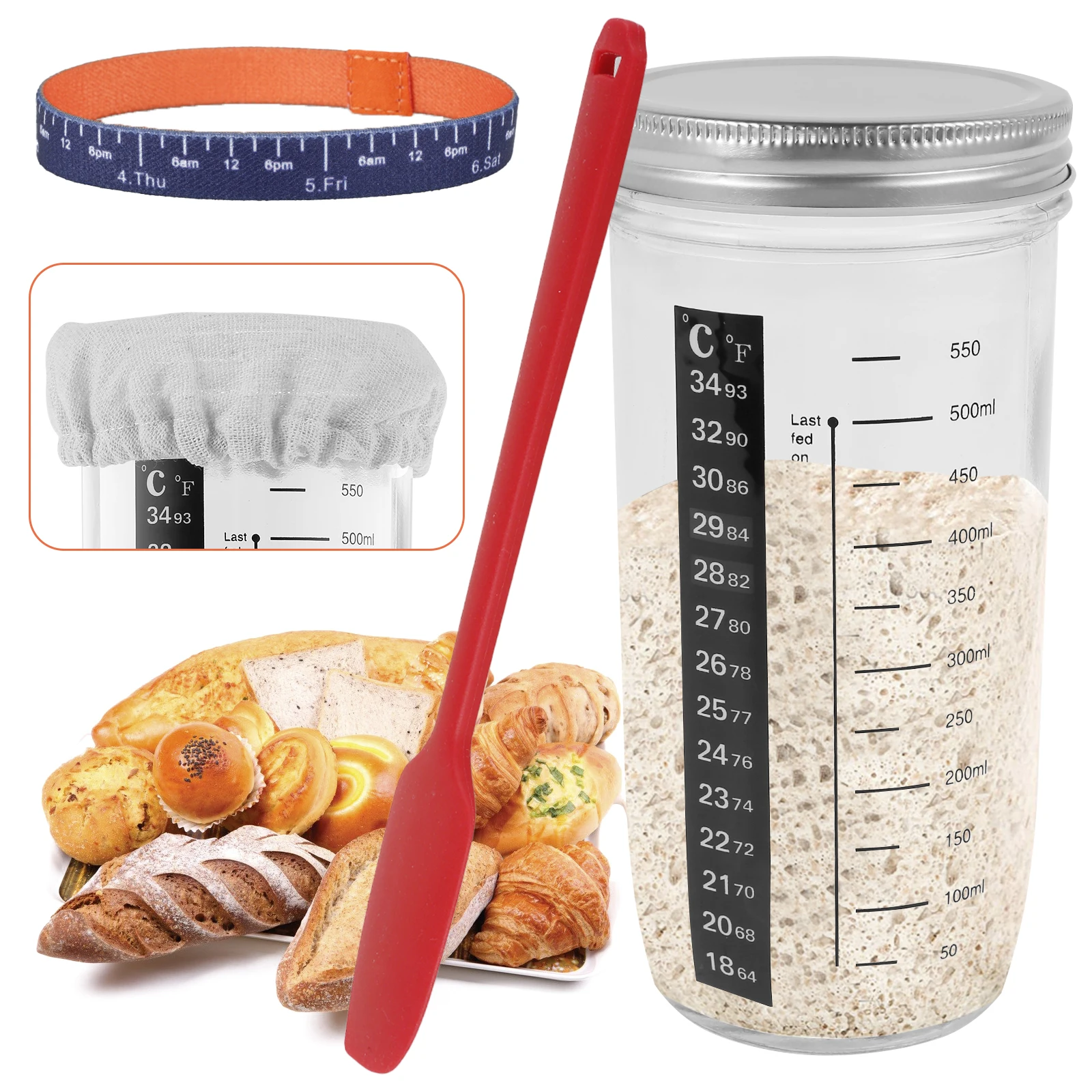 

New 6Pcs Sourdough Starter Jar Kit with Scale Thermometer Heat Resistant Sourdough Starter Container with Metal Lid Clear