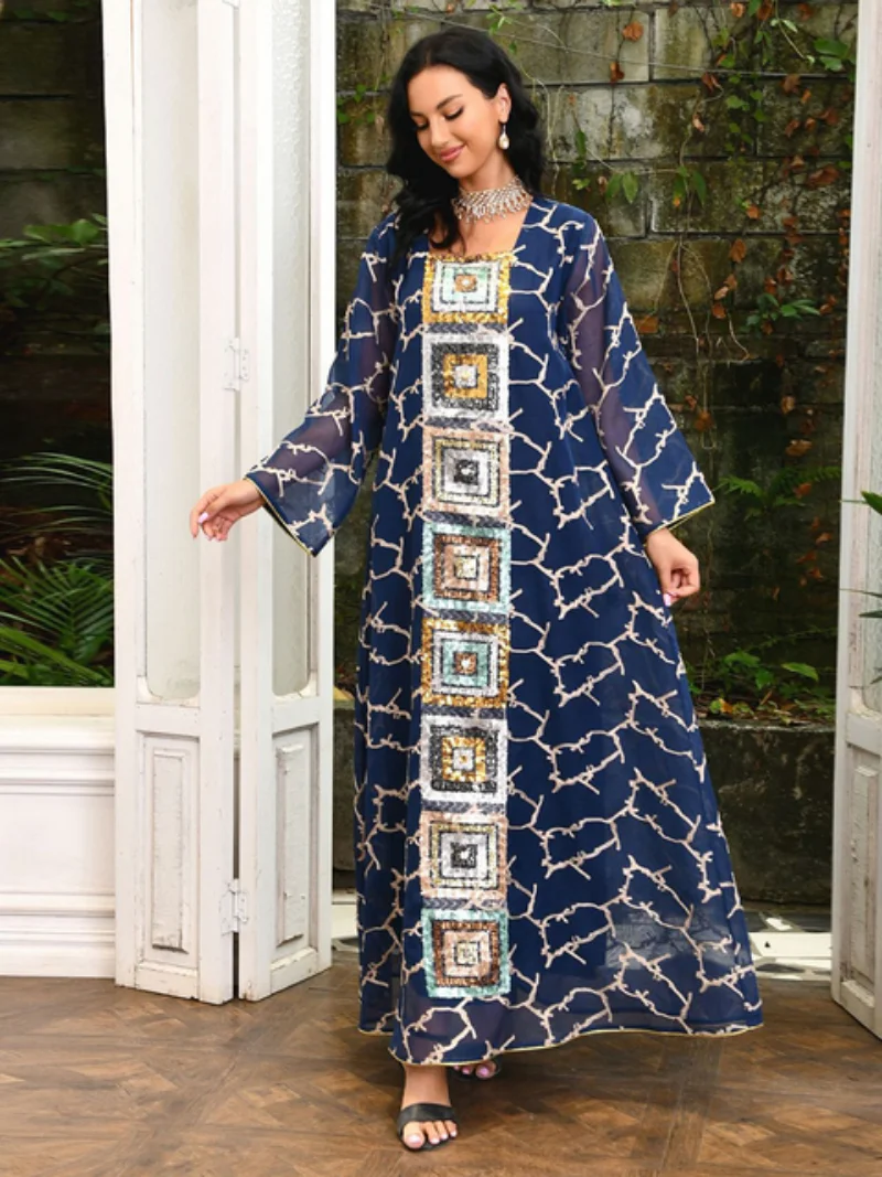 Dubai Luxury Dress Vintage Sequins Embroidery Abaya Long Sleeve Moroccan Arabic Dresses Muslim Ramadan Jalabiya