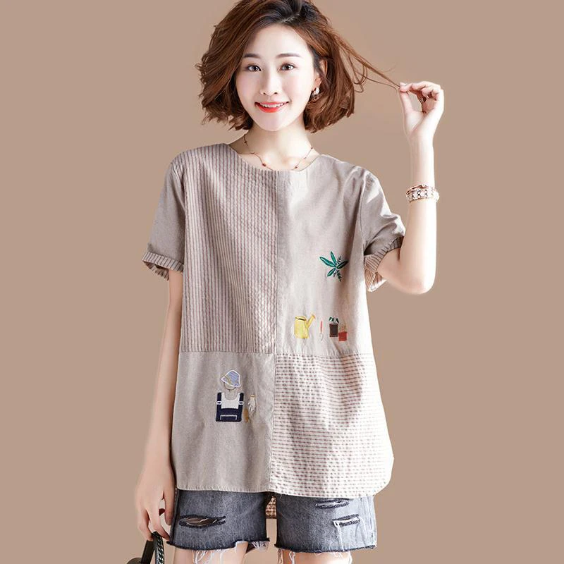 

Summer Fashion Women Long Sleeve O-neck Tshirt Patchwork Stripe Loose Casual Tee Shirt Femme Cotton Linen Tops Plus Size D498
