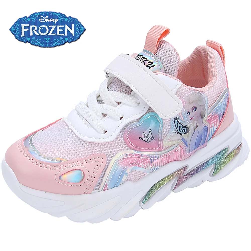 Disney 2022 New Children's Casual Sneakers For Spring Girls Frozen Elsa Princess Sports Shoes Kids Fashion Breathable Sneaker