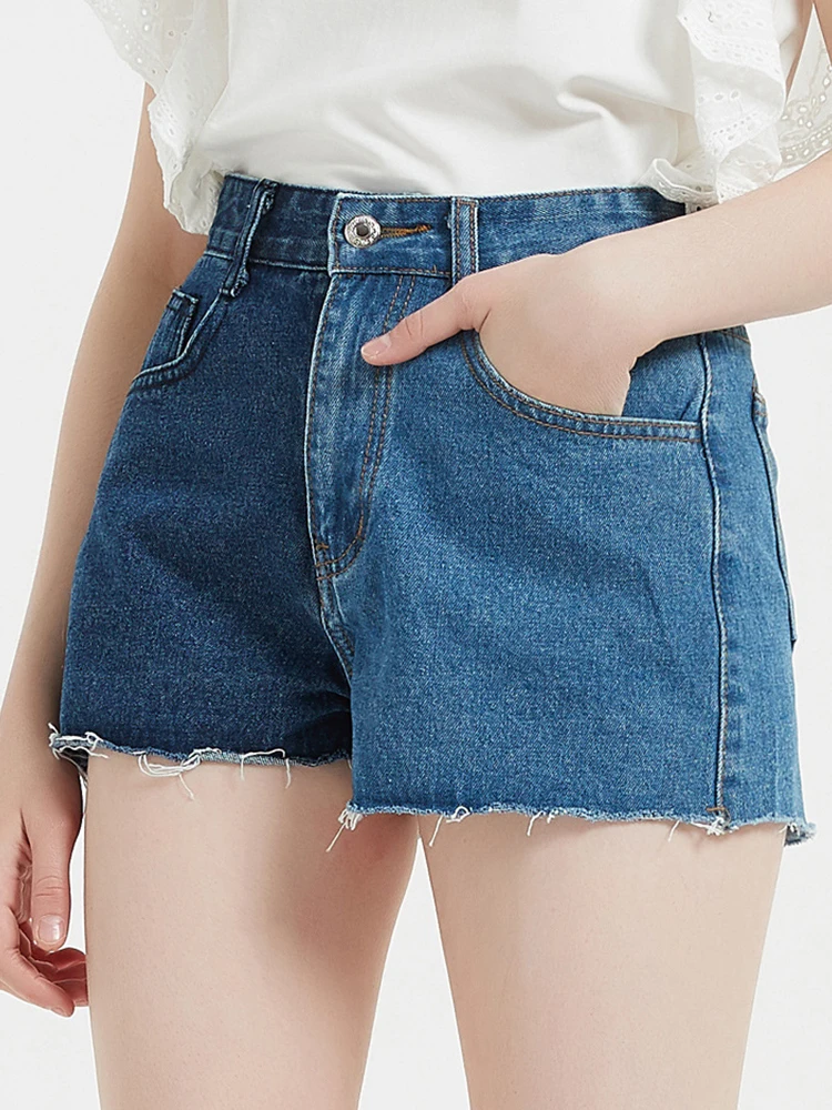 Streetwear Women High Waist Frayed Raw Hem Blue Denim Shorts Summer Female Button Loose Jeans Shorts Bottoms