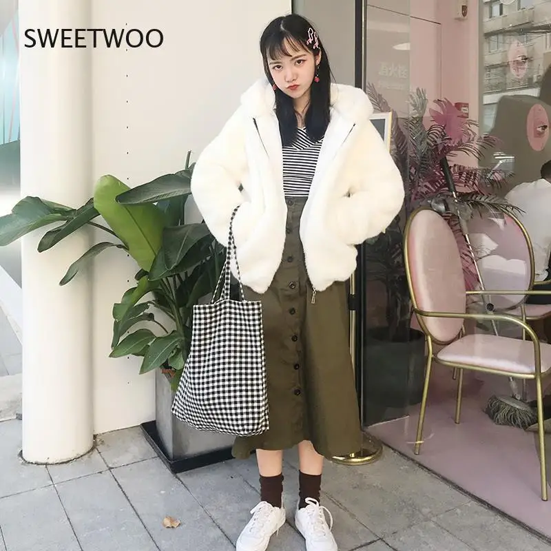 Winter Coat Women Faux Rabbit Hair Fur Coat Korean Hooded Imitation Mink Hair Long Jacket Loose Thick Warm Faux Fur Jacket Tide