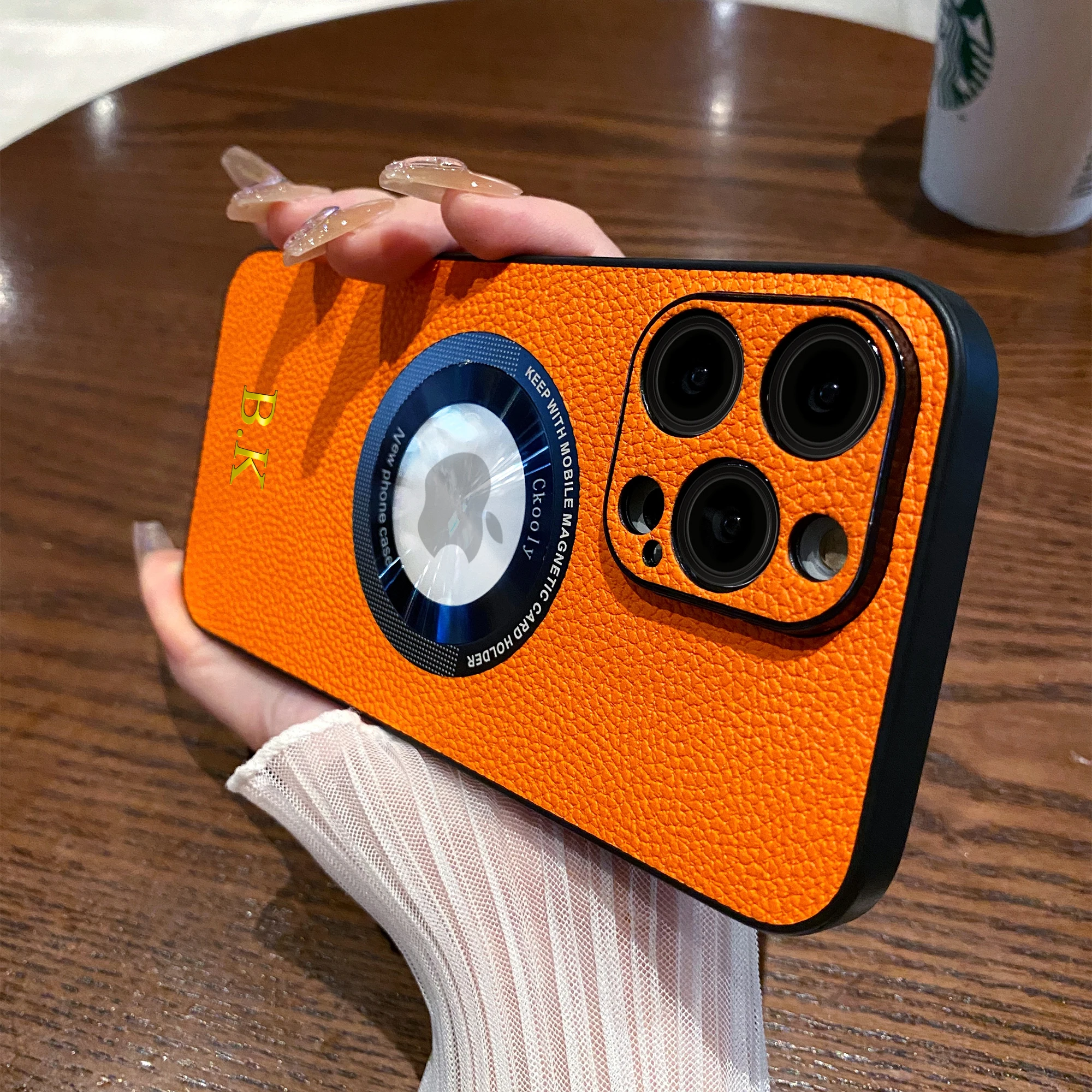 

For iPhone 11 12 13 14 Pro Max Case For Magsafe Logo Hole Litchi Grain Leather Personalised Custom Name Initials Luxury Cover