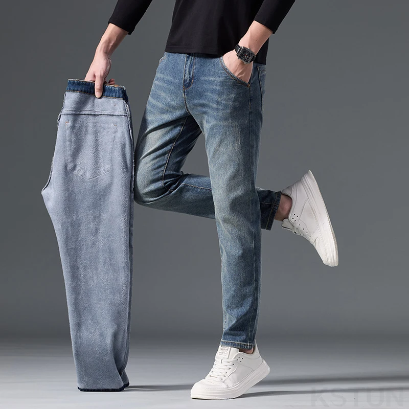 2024 зимние теплые джинсы мужские маленькие желтые с флисом утепленные джинсовые