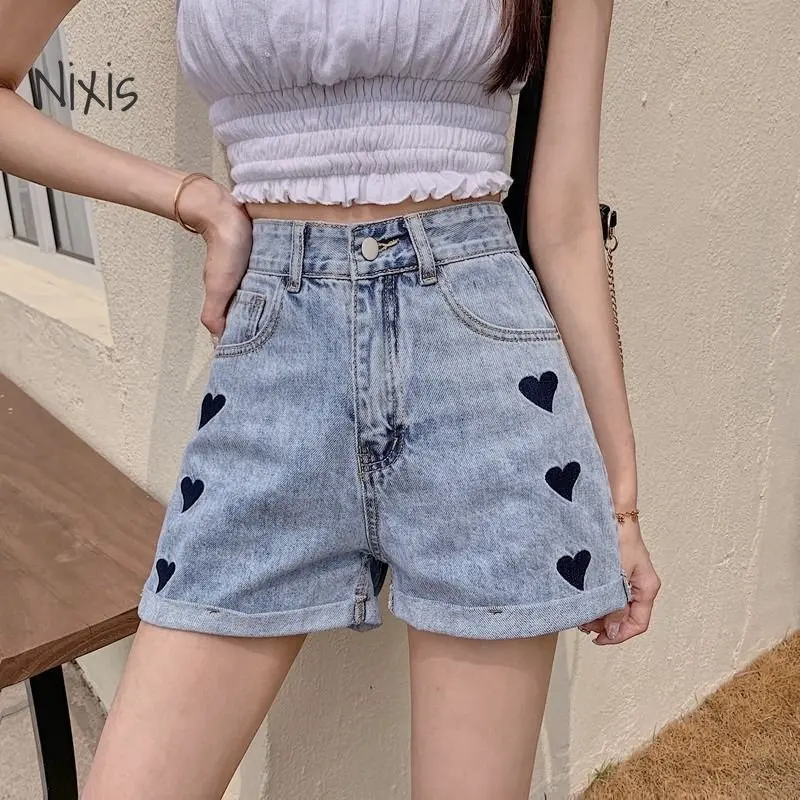 Embroidery Denim Shorts Women Korean Fashion Crimping High Waist Slim Summer Jeans Shorts Girls Sexy Hot Pants Casual Clothing