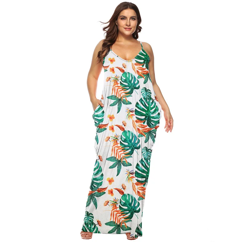 Plus Size Dresses for Women 2022 Beach Outfits Leaf Print Vestidos De Verano Mujer 2023 Long Spaghetti Strap Dress Large 2023