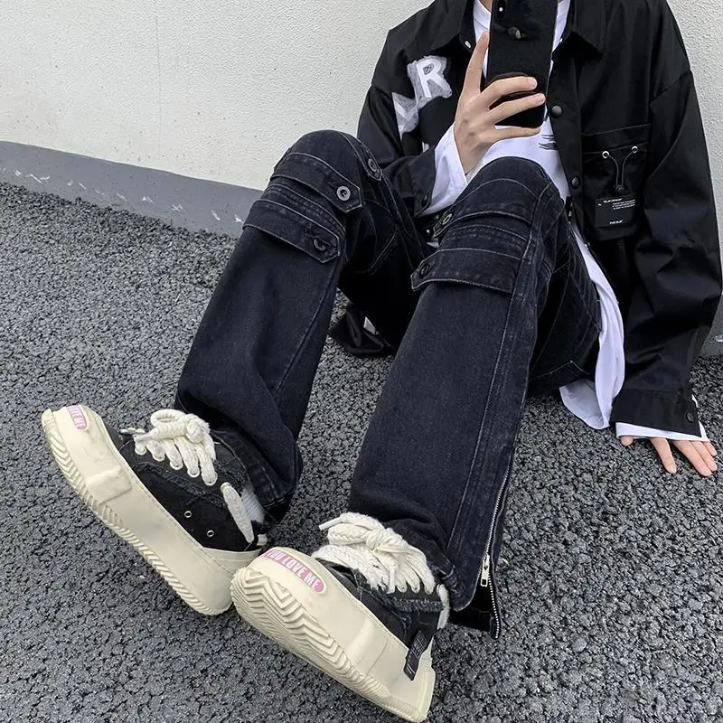 DEEPTOWN Button Straight Jeans Men Slim Casual Denim Pants Male Streetwear Hip Hop Trousers Zippers Punk Fashion Plus 5XL