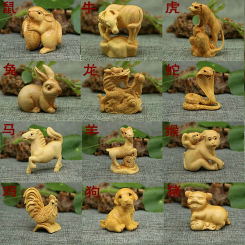 CQ059 — 12 шт. 2 дюйма ручная резьба самшита домашний декор Netsuke животных зодиака