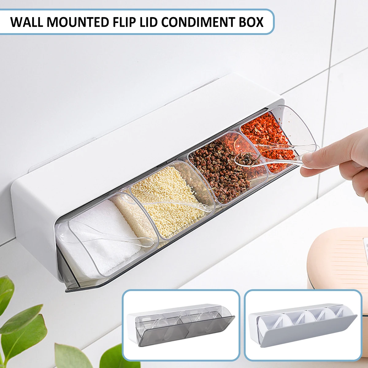 

Wall-Mounted Spice Box with 4 Small Boxes and Spoons Plastic Seasoning Box Salt Pepper Storage Container