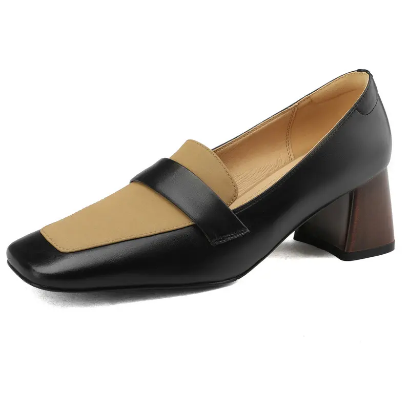 

2023 Mature Vintage Concise Women Pumps Spring Autumn Genuine Leather Thick High Heels Classic Shoes Woman Office Lady Dress