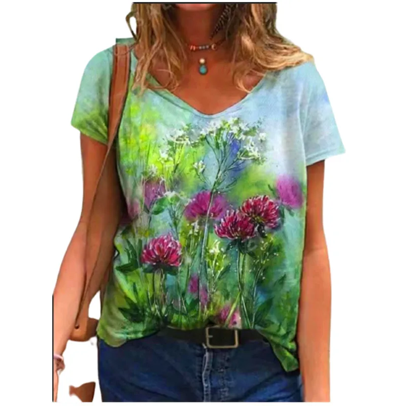 

Casual V Neck Short Sleeve T Shirt Women 2022 Loose Oversized Tops Female Floral Print Streetwear