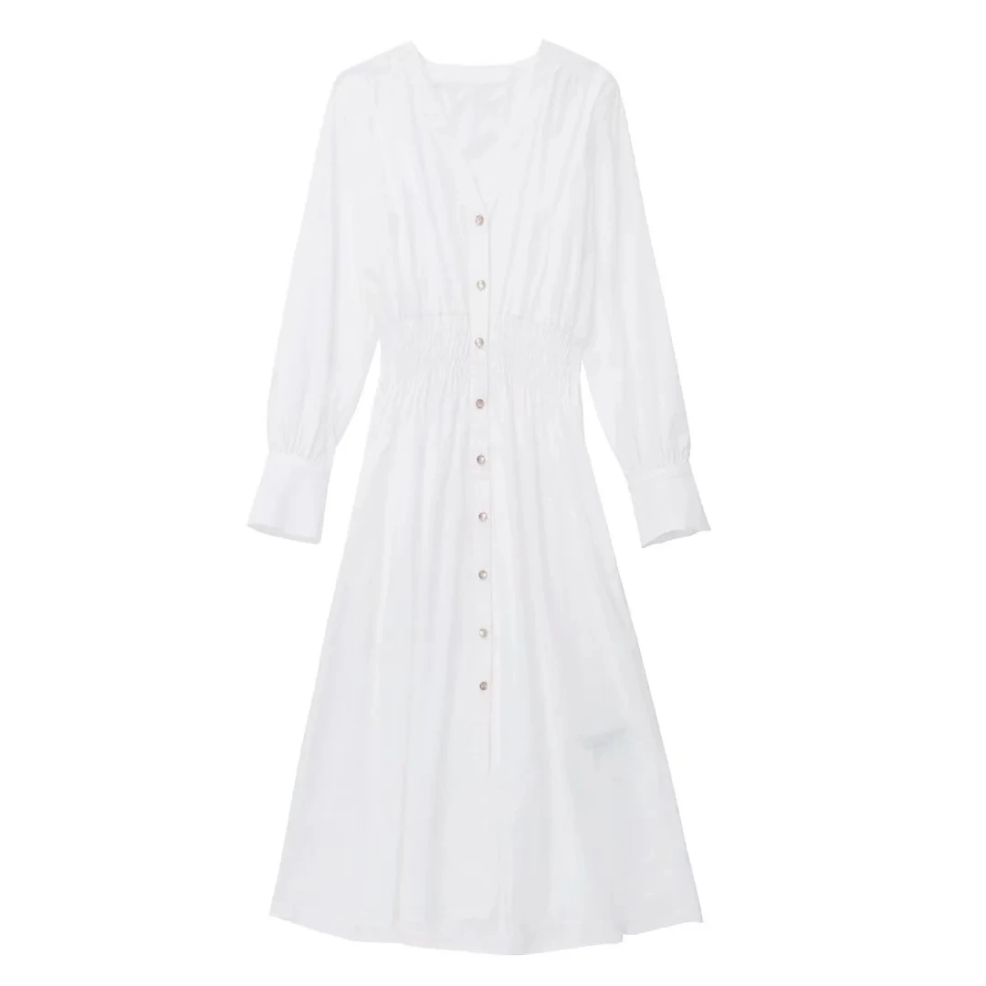 

XITIMEAO Women Fashion Front Buttons Poplin White Midi Shirt Dress Vintage Long Sleeve Elastic Waist Female Dresses Vestidos