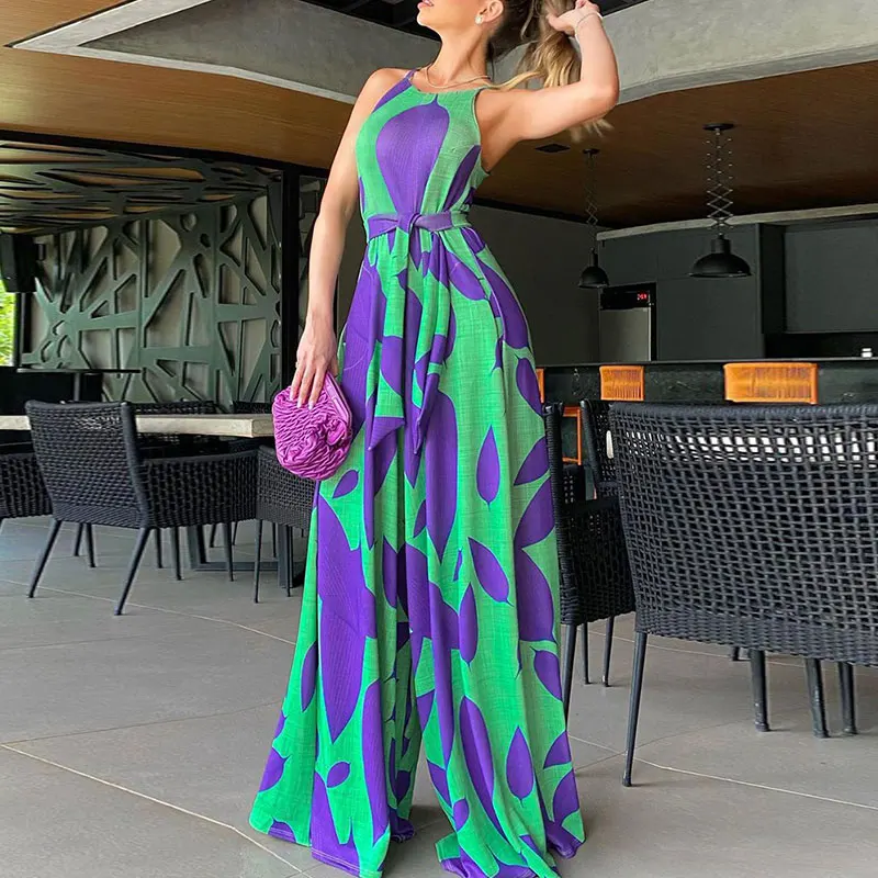 

Summer Sleeveless Sling Jumpsuit Women Elegant Purple Leaf Pattern Large Print Rompers High Waist Long Jumpsuits Sashes Female
