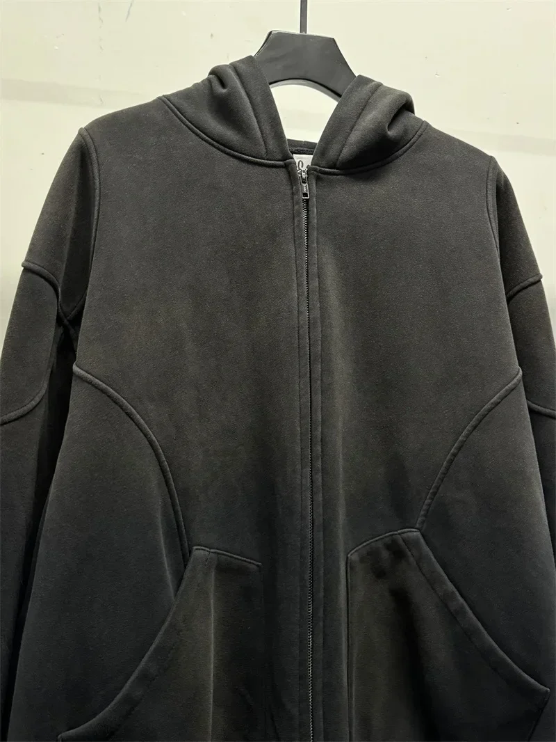 2025ss Большие потертые черные куртки Saint Michael толстовки с капюшоном на молнии из