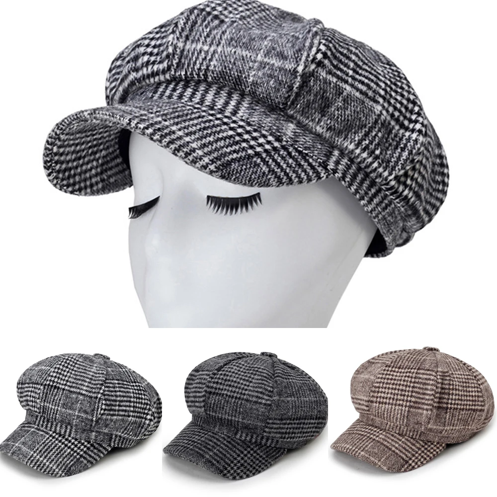 

Women Men Plaid Newsboy Cap Ladies Autumn Winter Beret Retro Octagonal Baker Hat