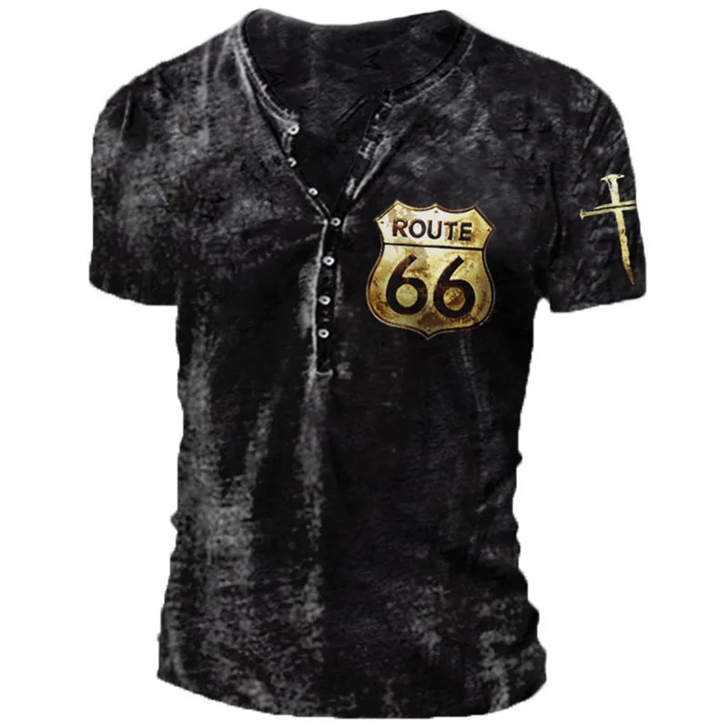 

Vintage Route 66 Shirt 3d Men's Button V-neck Short Sleeve Crucifix Oversized Top Tee Shirt Man Imitation Cotton Punk Streetwear