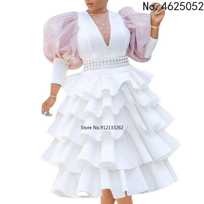 

African Dresses for Women Summer African Women V-neck Short Sleeve Polyester Red White Knee-length Dress African Clothes Women